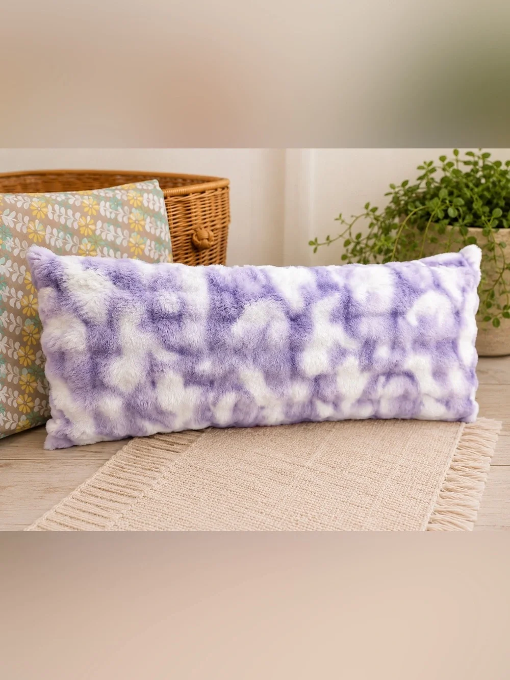 New Large Girl’s Tie Dye Furry Plush Body Pillow Purple White Pillow 16x36”